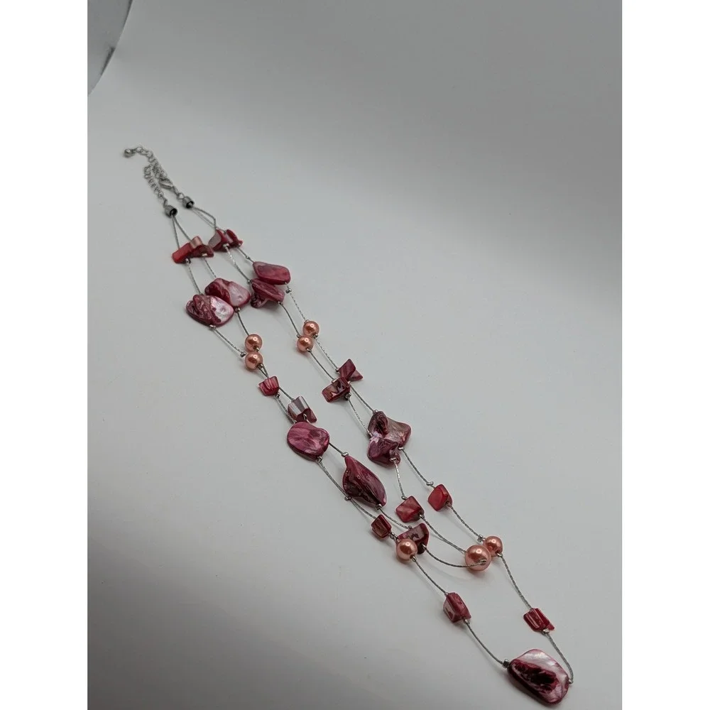 Unsigned Pink Mother of Pearl Shell Multi Strand Necklace and Earring Set Boho